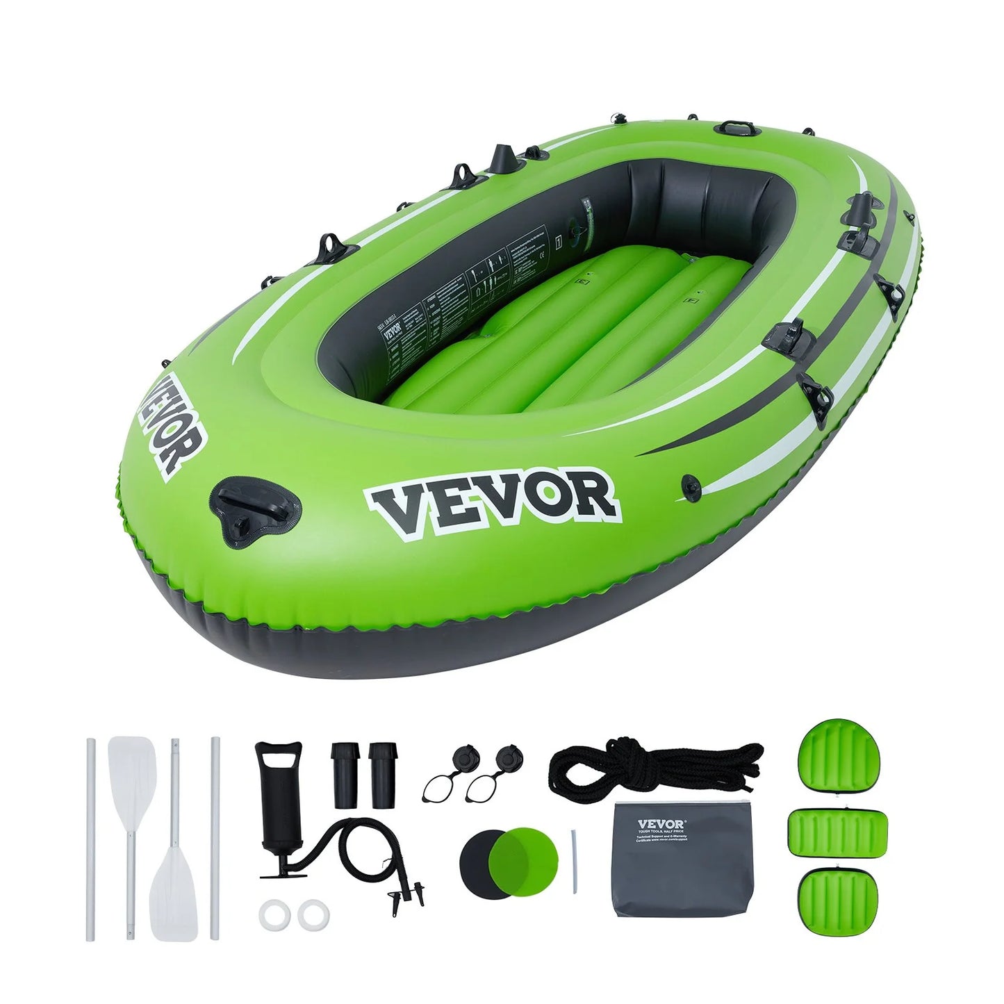 VEVOR Inflatable Boat, 5-Person Inflatable Fishing Boat, Strong PVC Portable Boat Raft Kayak, 45.6 Aluminum Oars, High-Output Pump, Fishing Rod Holders, and 2 Seats, 1100 Lb Capacity for Adults, Kids