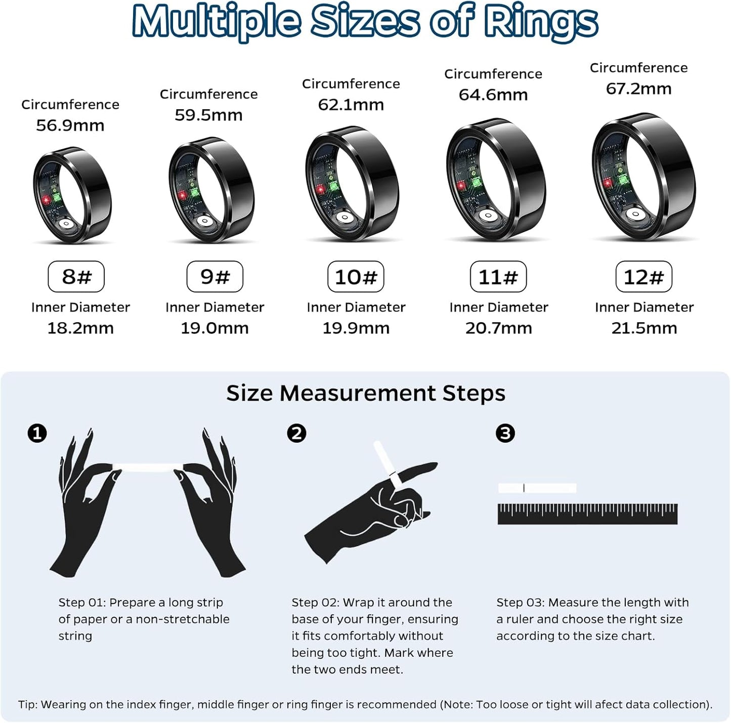 Smart Ring Health Tracker, Sleep Tracker Ring with Heart Rate, Waterproof Fitness Ring for Activity Monitoring/Steps/Distance/Calories, Air Gestures, up to 7-Day Battery, for Ios Android (Black,#10)