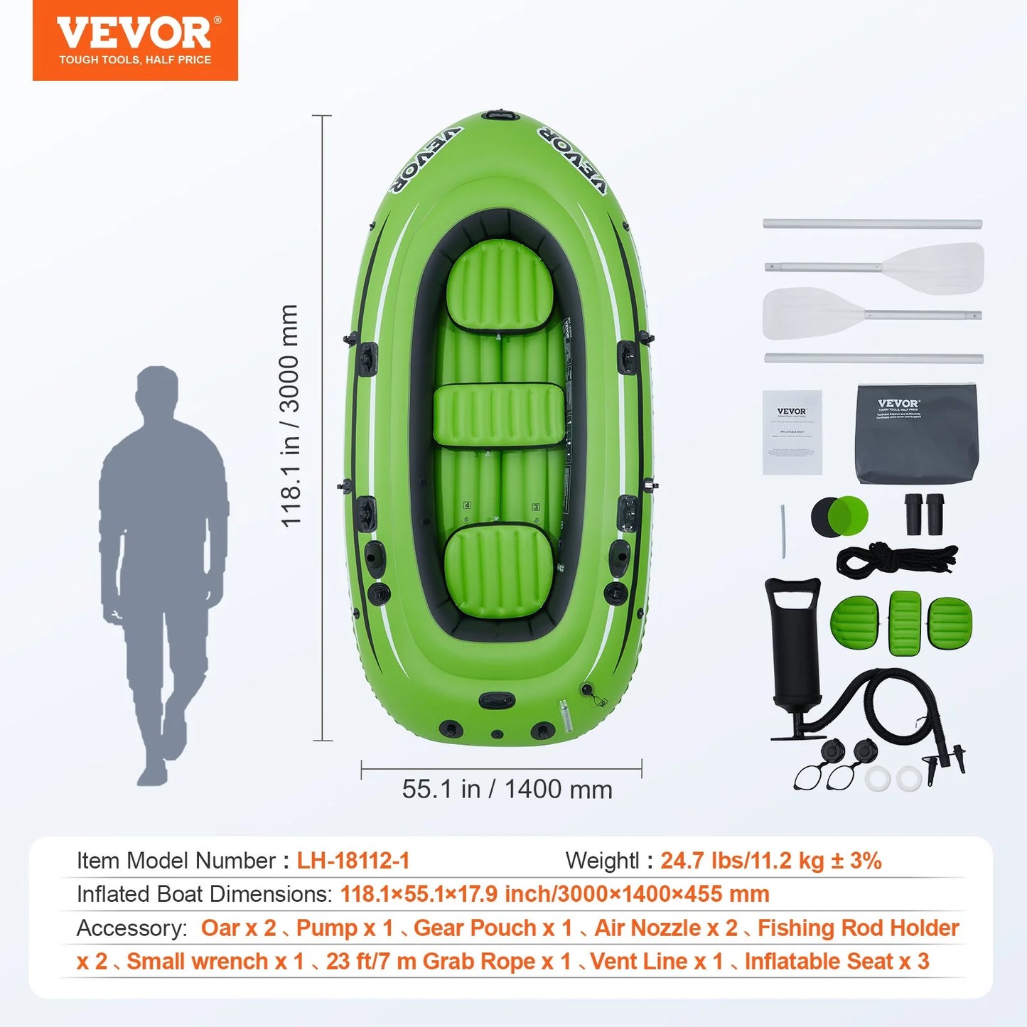 VEVOR Inflatable Boat, 5-Person Inflatable Fishing Boat, Strong PVC Portable Boat Raft Kayak, 45.6 Aluminum Oars, High-Output Pump, Fishing Rod Holders, and 2 Seats, 1100 Lb Capacity for Adults, Kids